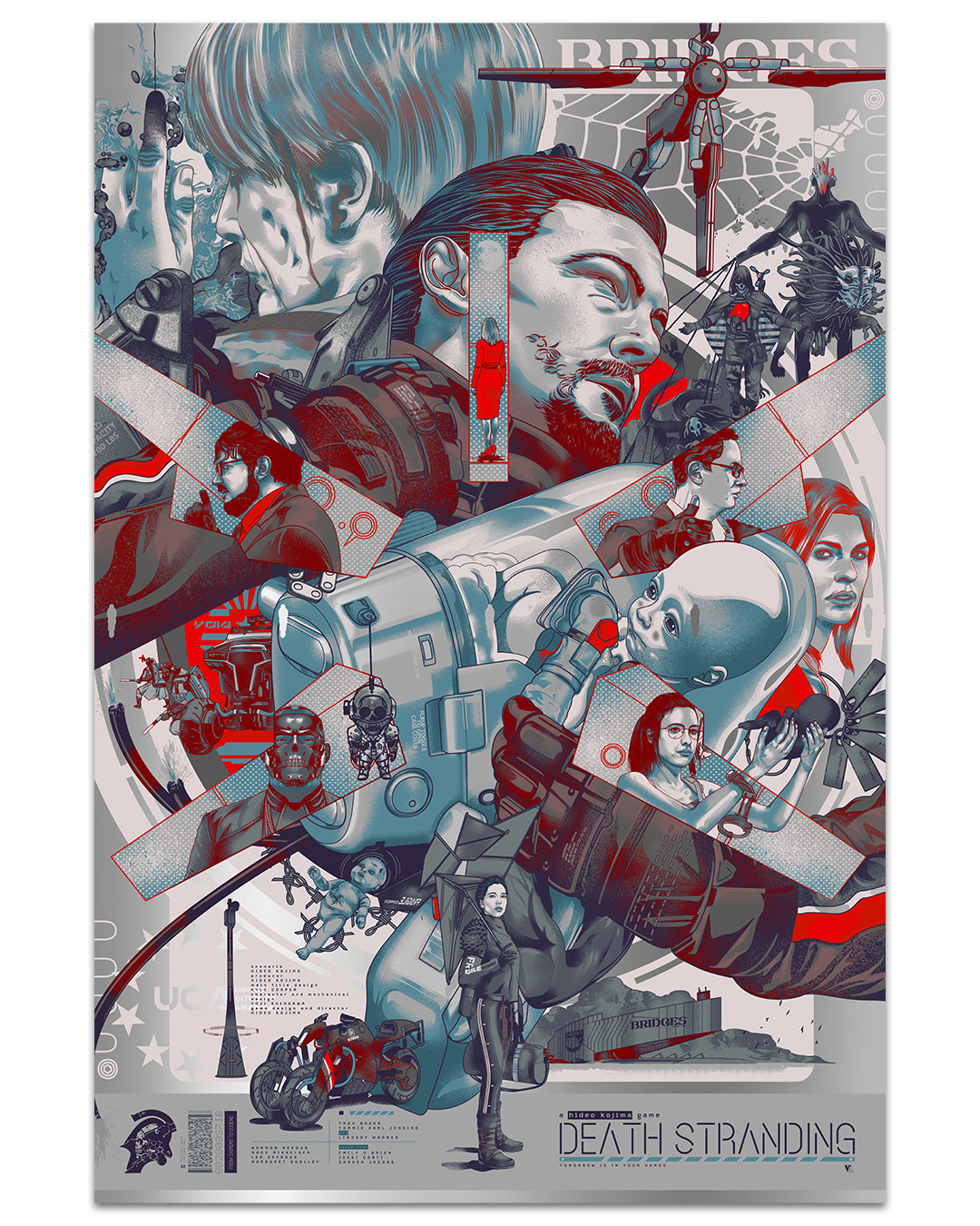 Collage-style poster for 'Death Stranding' with characters and elements from the game.