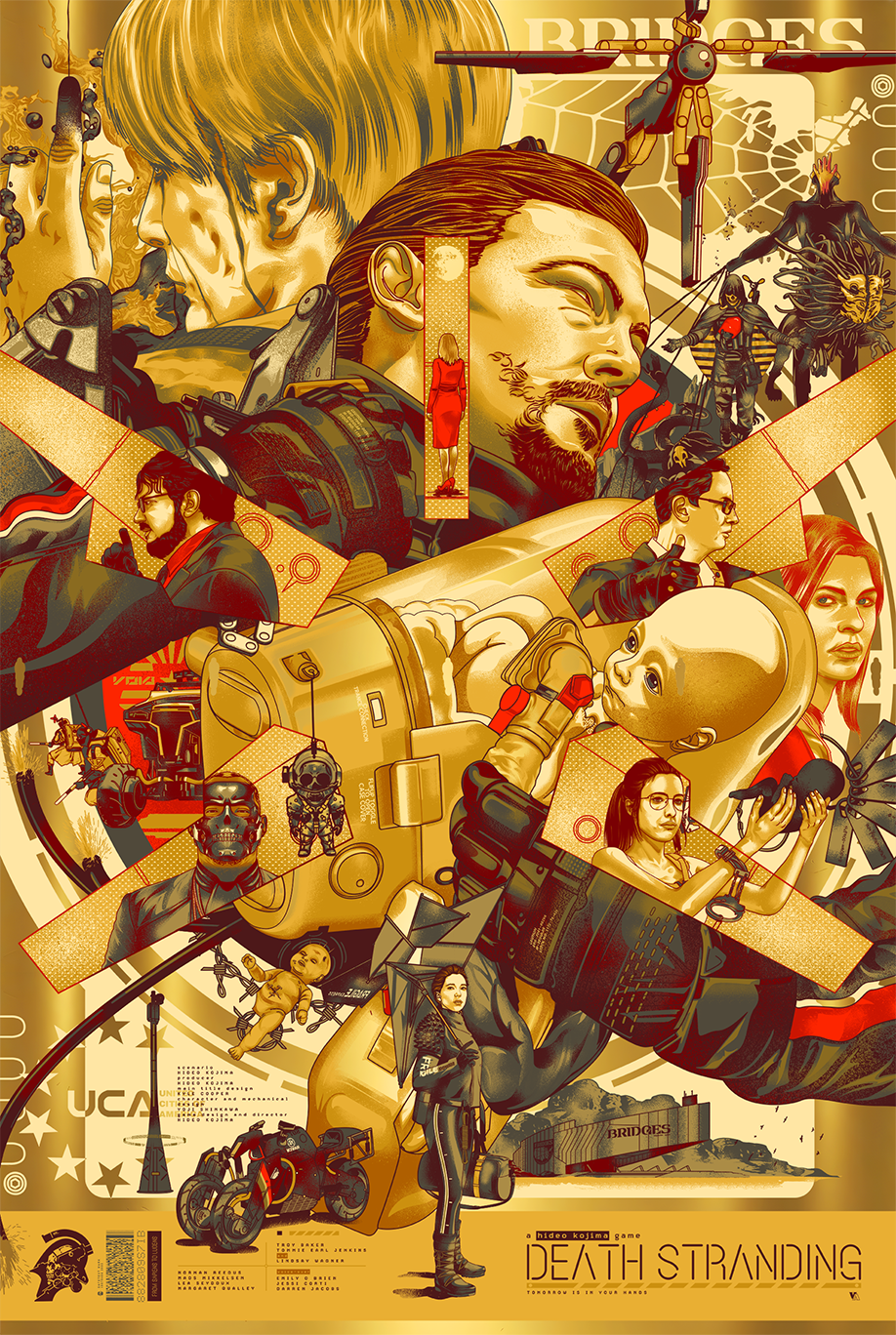 Artistic poster for 'Death Stranding' with various characters and elements.