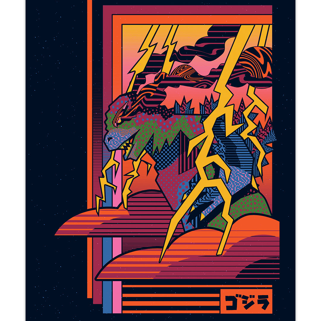 Print of Godzilla in an abstract style with lightning bolts and clouds surrounding him. 