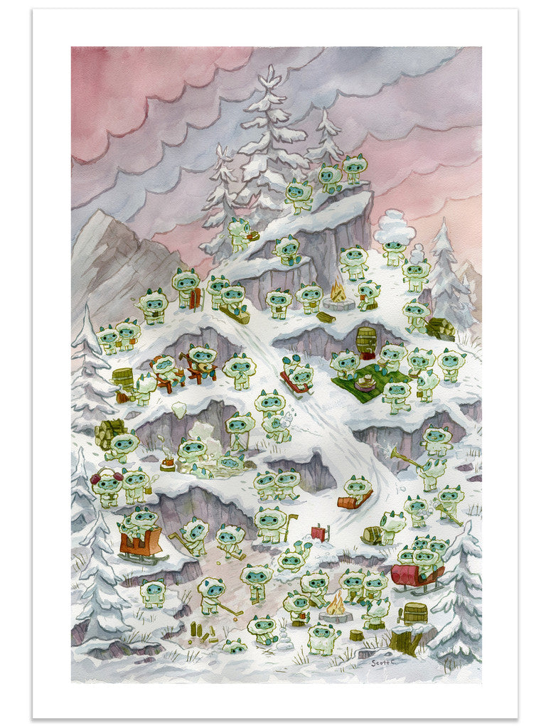 Scott C.’s archival pigment print showcases small, big-eyed green creatures skiing, sledding, and building igloos on a snow-covered mountain top filled with trees and rocks.