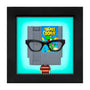 Framed display of a video game cartridge with a character and text, featuring a black frame.