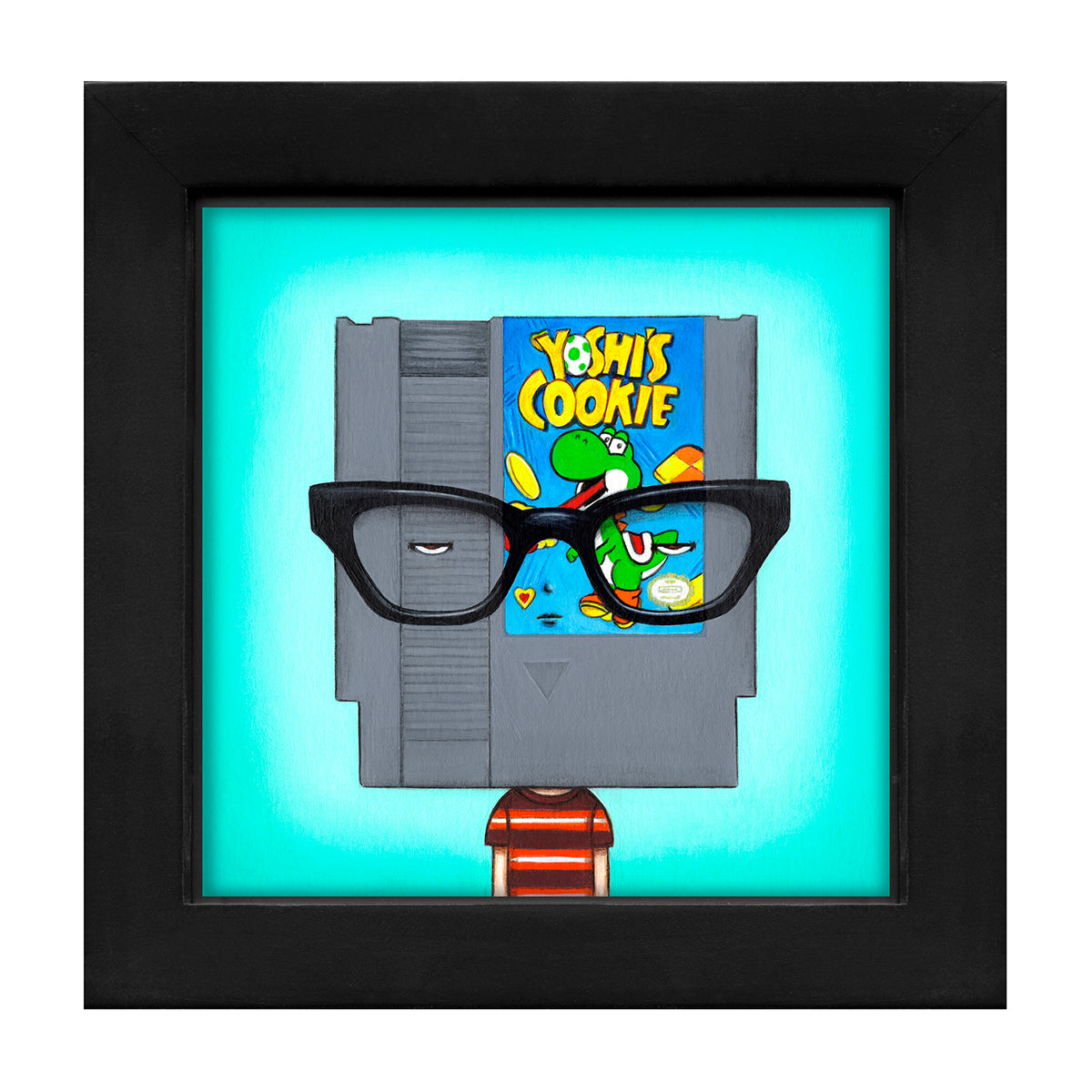 Framed display of a video game cartridge with a character and text, featuring a black frame.