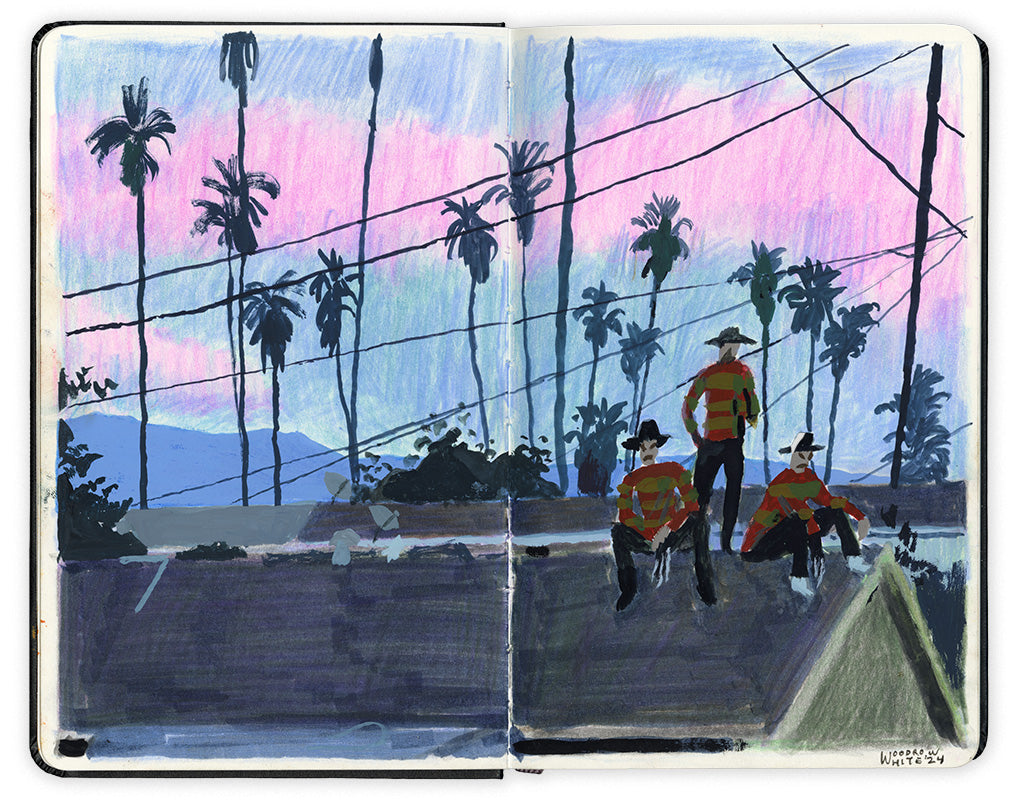 Artwork depicting three figures dressed as Freddy Krueger sitting and standing on an angled roof against a Californian sunset, complete with Palm trees and power lines on an open face Moleskine Notebook by artist Woodrow White