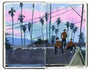 Artwork depicting three figures dressed as Freddy Krueger sitting and standing on an angled roof against a Californian sunset, complete with Palm trees and power lines on an open face Moleskine Notebook by artist Woodrow White