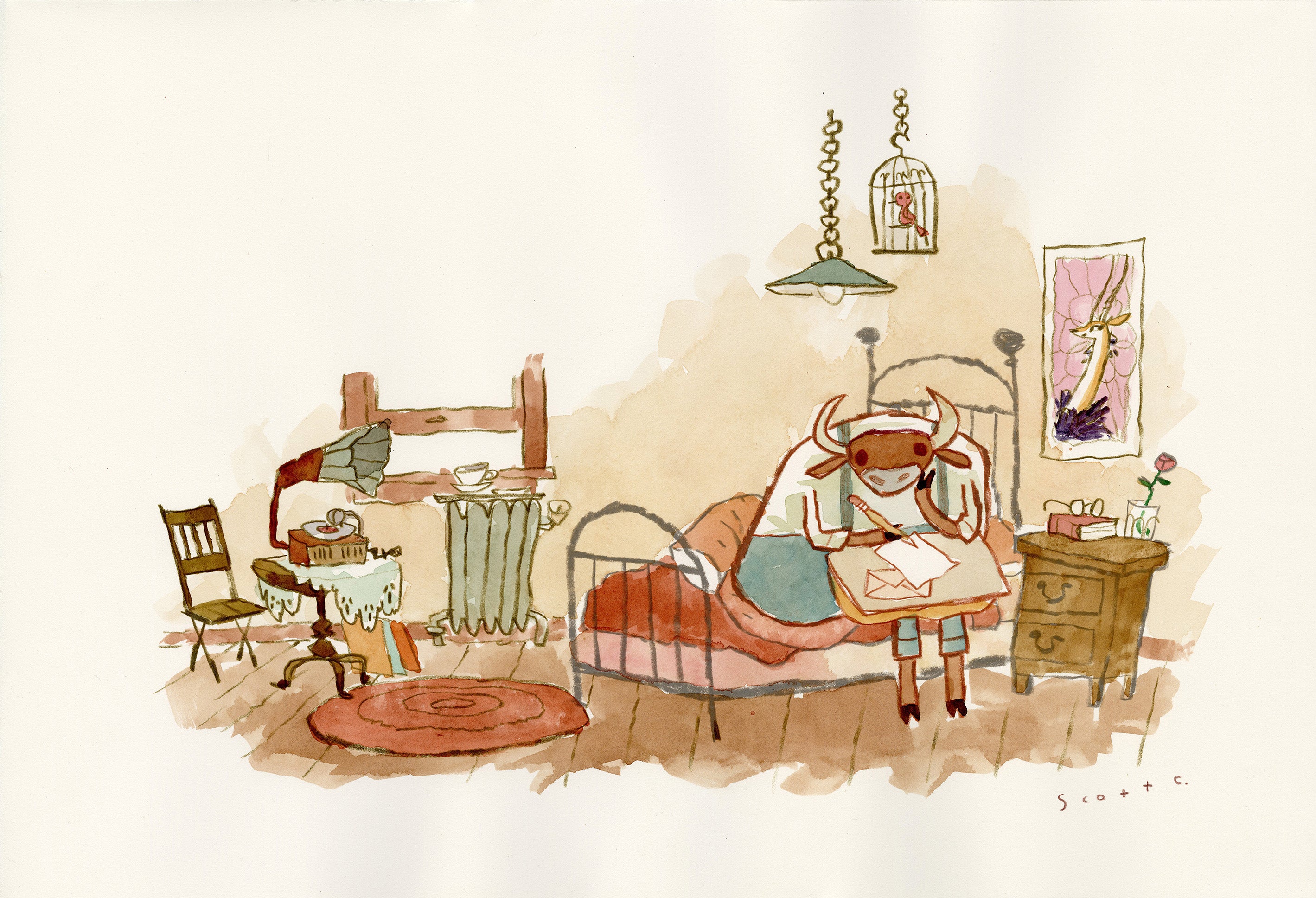 A watercolor illustration in Scott C. style shows a cartoon minotaur sitting on a bed, reading a letter in a cozy, cluttered bedroom with warm decor, bedside table, chair, birdcage, and radiator.