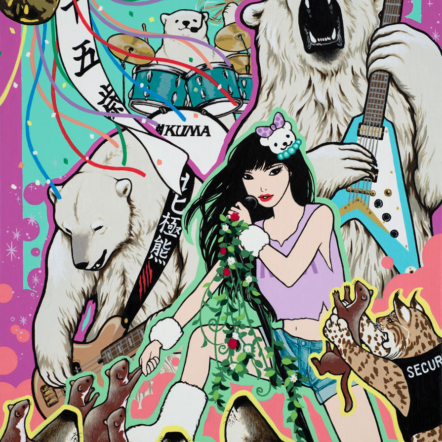 A vibrant, surreal acrylic-on-wood artwork for Spoke Art depicts a woman singing with howling wolves, polar bears playing guitar and drums, confetti, musical notes, and a security figure.