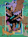 A surreal Yumiko Kayukawa-inspired scene with a mystical figure holding squirrels, surrounded by foxes and deer, Tetris-style art, and Japanese text set against a lush green forest background.