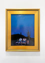 A framed Spoke Art painting features four people lounging by a cactus under a dark blue evening sky, with a silhouetted figure on a distant hill. The artwork comes in a gold frame accented with black.