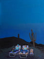 Three people—two adults and a child—relax on lounge chairs beneath a deep blue evening sky in a desert landscape with a cactus and hill nearby. Outdoors together, they enjoy the scene. Artwork by Spoke Art.