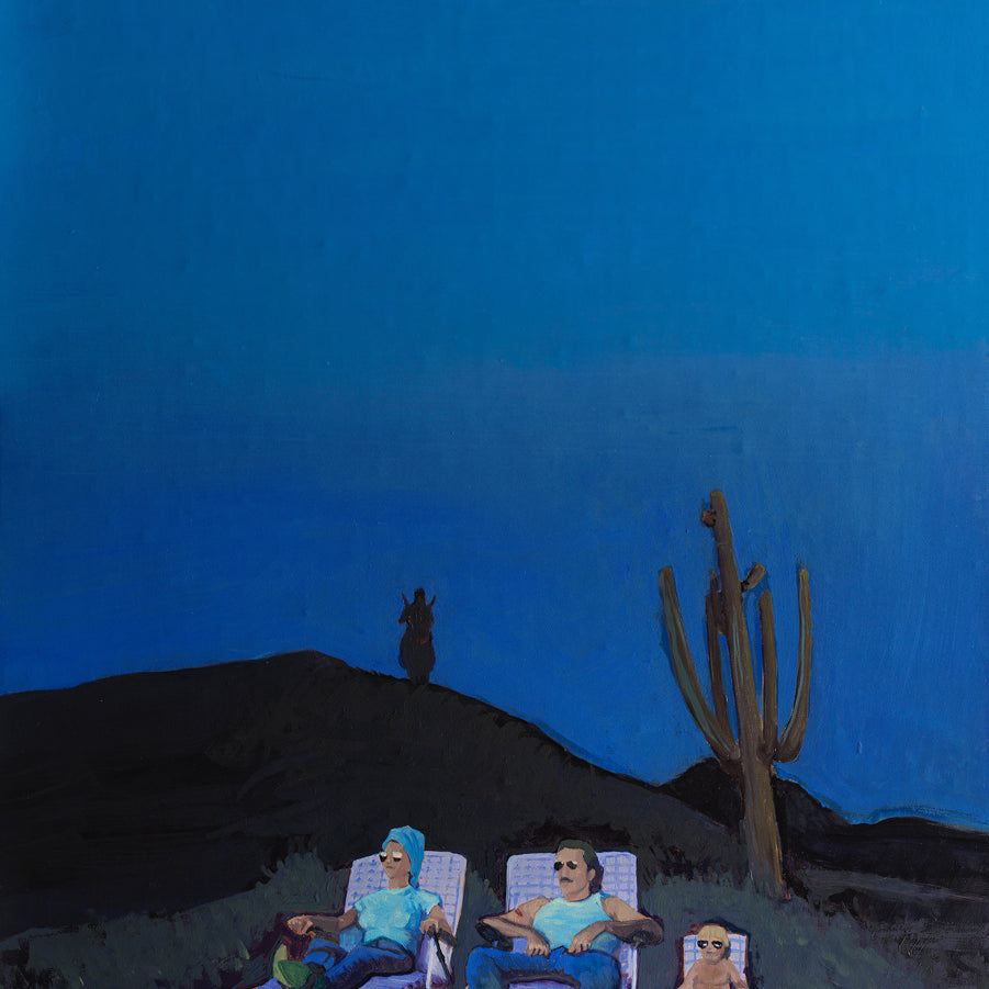 Three people—two adults and a child—relax on lounge chairs beneath a deep blue evening sky in a desert landscape with a cactus and hill nearby. Outdoors together, they enjoy the scene. Artwork by Spoke Art.