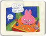 Drawing in an open face Moleskine notebook of a pink bunny head on a tray with serving utensils, with large blue tears streaming down its face with a speech bubble that reads: "If I don't create I don't exist," and another speech bubble that reads: "Oh Word" by artist Alison Zai