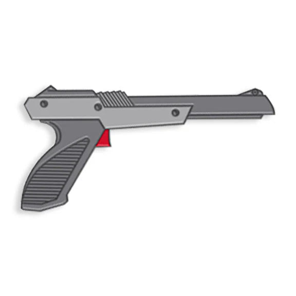 Illustration of a gray handheld toy gun with textured grip and red trigger, viewed from the side on white, designed as a silver metal plated hard enamel lapel pin by Spoke Art.