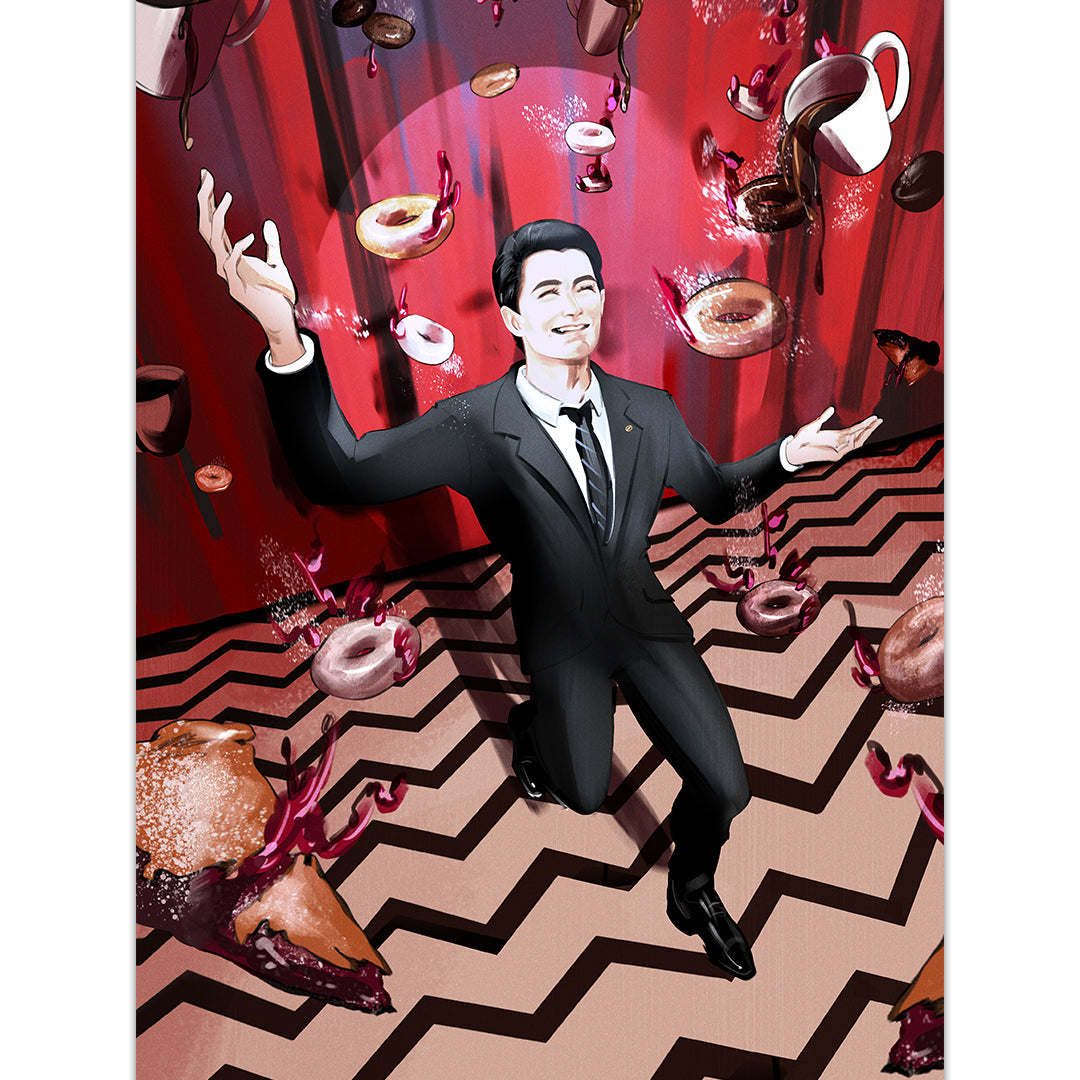 A joyful man in a suit poses on a zigzag floor as coffee cups, donuts, and cherry pie slices float around him against a red and black backdrop in Zi Xus archival pigment print, Cooper’s Dream.