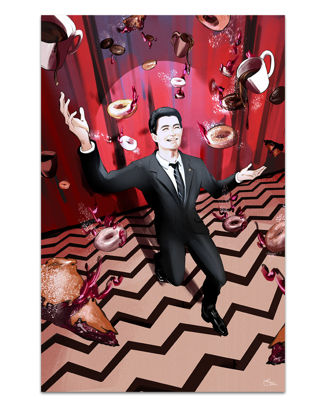 A joyful man in a suit poses on a zigzag floor as coffee cups, donuts, and cherry pie slices float around him against a red and black backdrop in Zi Xus archival pigment print, Cooper’s Dream.