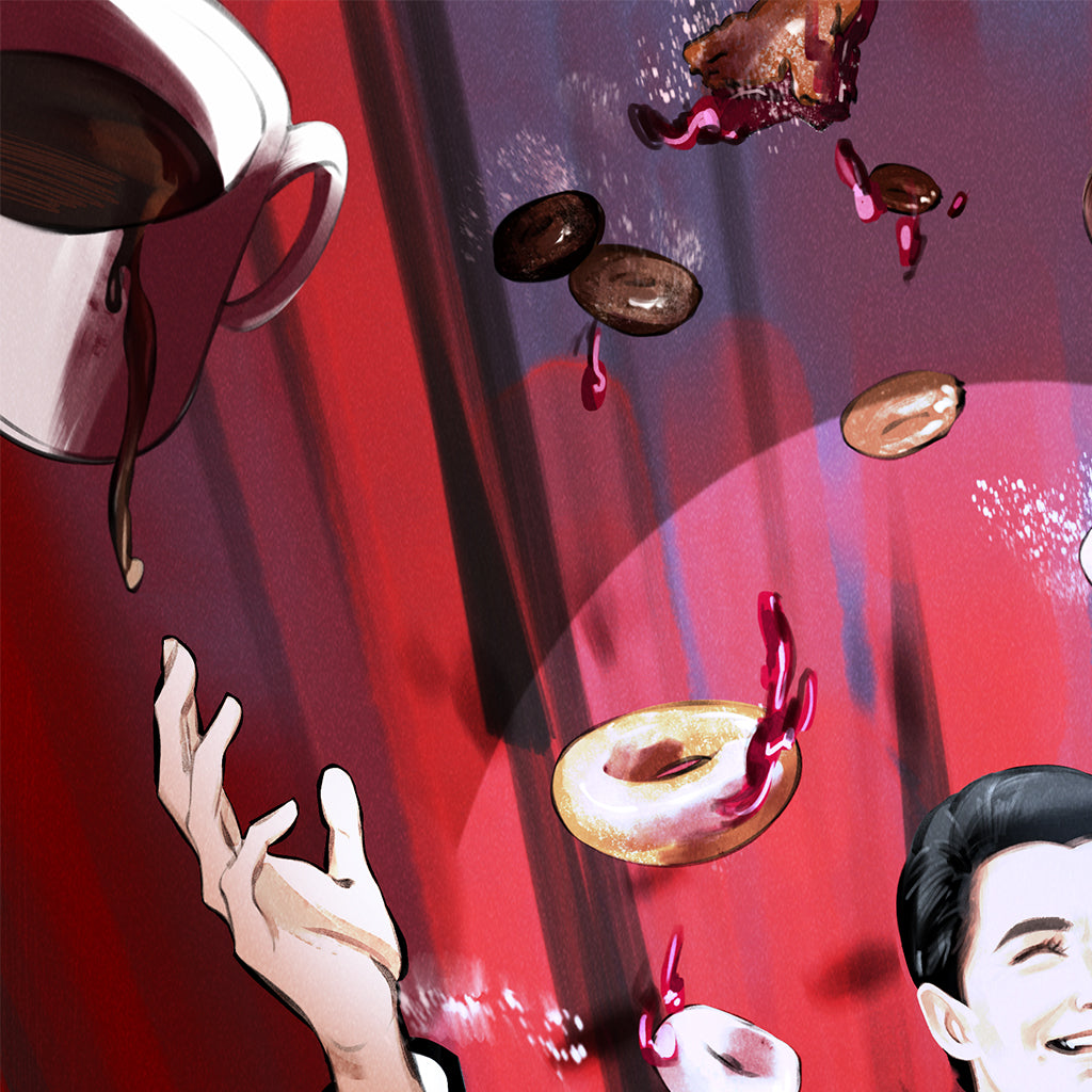 A vibrant archival pigment print by Zi Xu features a hand reaching for floating donuts, cookies, and a spilling cup—set against a dramatic red and purple background with dynamic lighting, inspired by Coopers Dream.