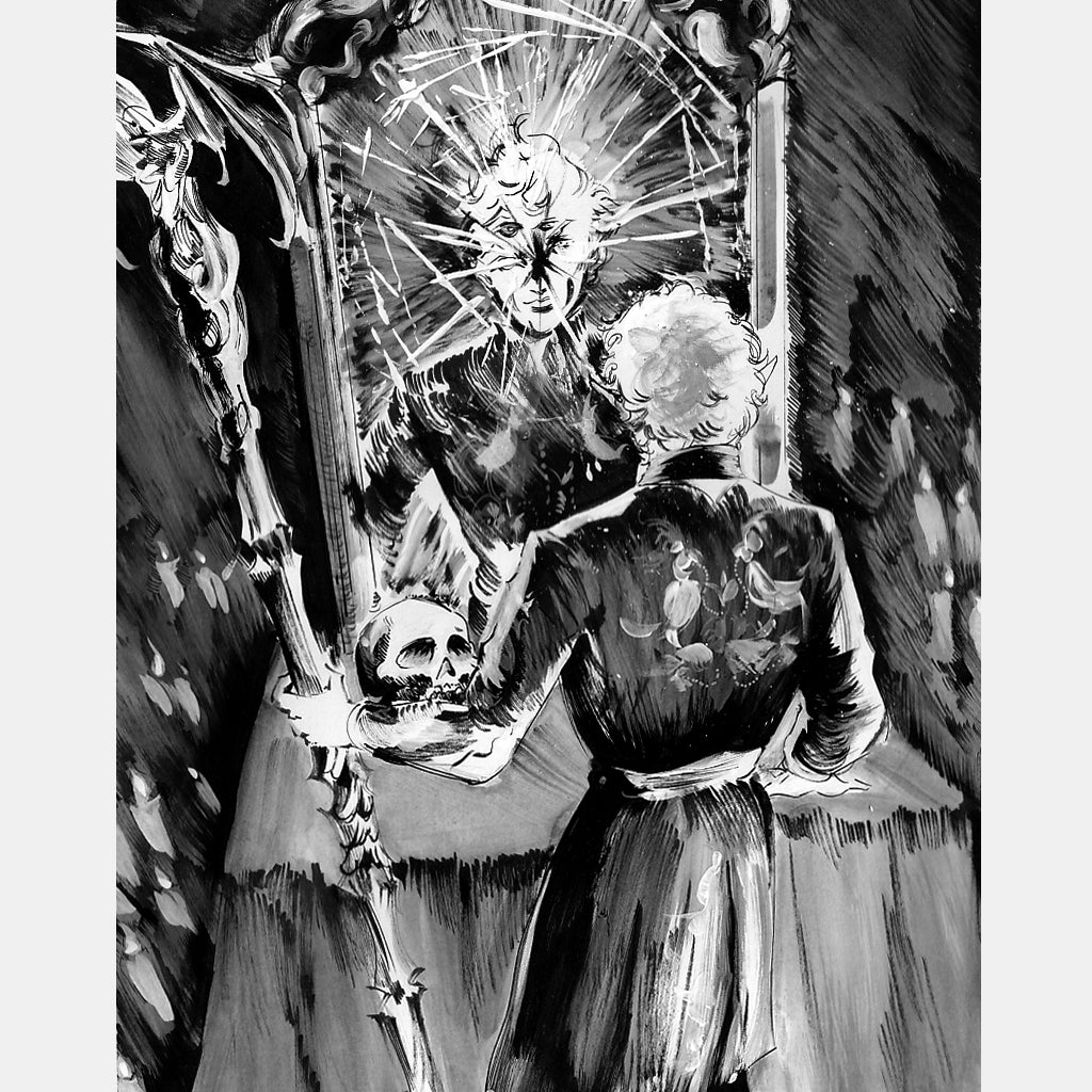 A figure in a dark robe with a staff and skull stands before Zi Xu's Vampire Ascendant's Mirror. The cracked glass warps their reflection, evoking a dramatic, gothic mood inspired by Baldur's Gate 3.