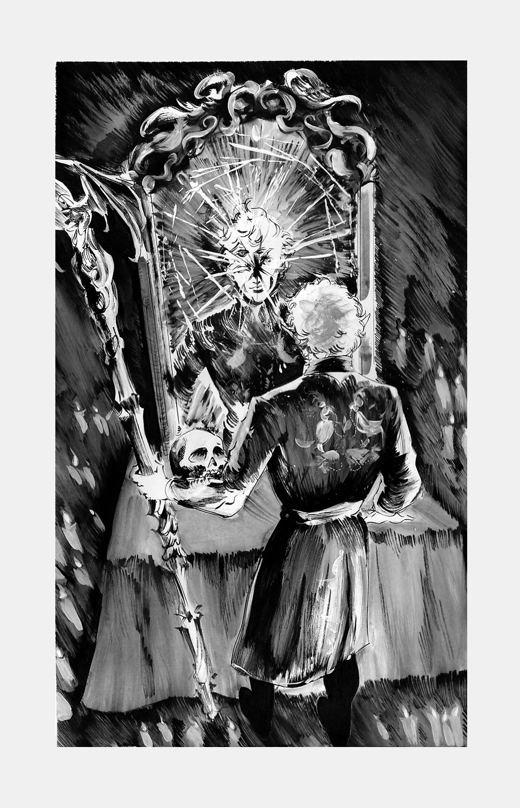 A figure in a dark robe with a staff and skull stands before Zi Xu's Vampire Ascendant's Mirror. The cracked glass warps their reflection, evoking a dramatic, gothic mood inspired by Baldur's Gate 3.