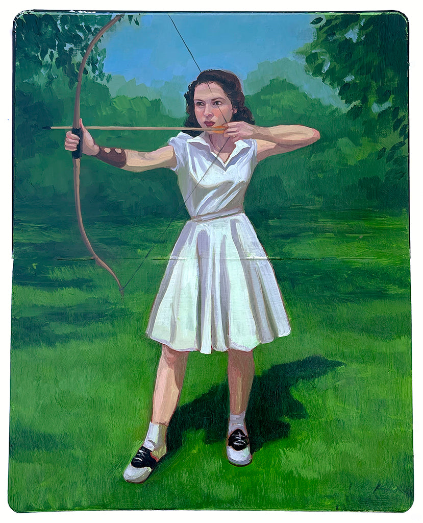 painting in an open face Moleskine notebook of a woman dressed in a white shirt and skirt and oxford shoes aiming a bow and arrow in a vivid green landscape by artist Zoe Hawk