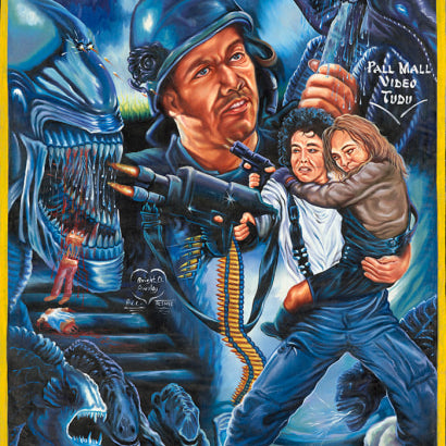 A colorful, dramatic Deadly Prey movie poster for Aliens, in Bright Obeng’s oil and enamel style, shows a soldier firing a gun, a woman with a child, and snarling aliens. The bold red ALIENS title reflects the Deadly Prey brand’s iconic look.