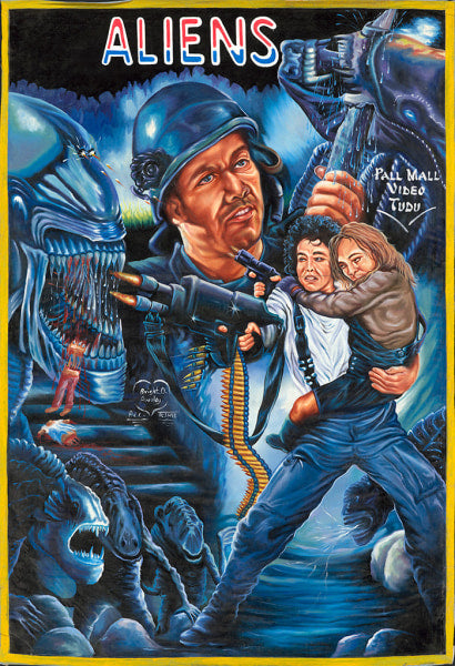 A colorful, dramatic Deadly Prey movie poster for Aliens, in Bright Obeng’s oil and enamel style, shows a soldier firing a gun, a woman with a child, and snarling aliens. The bold red ALIENS title reflects the Deadly Prey brand’s iconic look.
