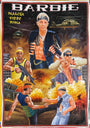 A vibrant, action-packed movie poster in oil and enamel painting style for Deadly Prey shows muscular men with dramatic expressions, guns, explosions, helicopters, and ruined buildings. The title "Deadly Prey" is featured at the top.