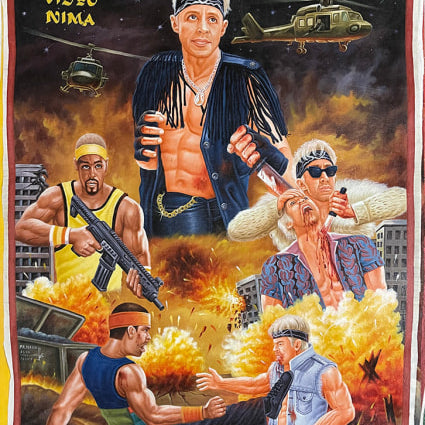 A vibrant, action-packed movie poster in oil and enamel painting style for Deadly Prey shows muscular men with dramatic expressions, guns, explosions, helicopters, and ruined buildings. The title "Deadly Prey" is featured at the top.