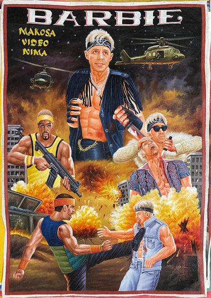 A vibrant, action-packed movie poster in oil and enamel painting style for Deadly Prey shows muscular men with dramatic expressions, guns, explosions, helicopters, and ruined buildings. The title "Deadly Prey" is featured at the top.