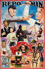 Deadly Prey Repo Man poster: colorful oil and enamel look with punk characters, guns, knives, masked figures, skeletons, angel, devil-woman & wild action; blue title at top. "BOMB EMI VIDEO TESHIE" on left.