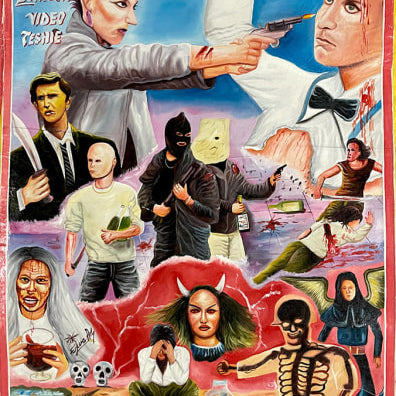 Deadly Prey Repo Man poster: colorful oil and enamel look with punk characters, guns, knives, masked figures, skeletons, angel, devil-woman & wild action; blue title at top. "BOMB EMI VIDEO TESHIE" on left.