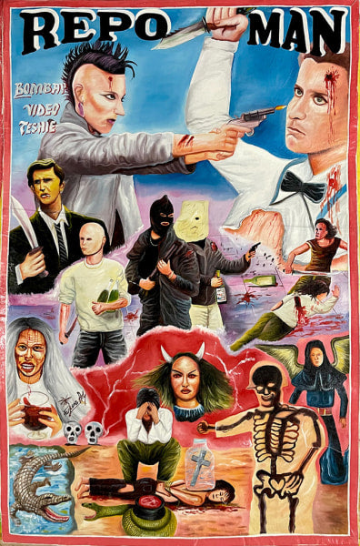Deadly Prey Repo Man poster: colorful oil and enamel look with punk characters, guns, knives, masked figures, skeletons, angel, devil-woman & wild action; blue title at top. "BOMB EMI VIDEO TESHIE" on left.