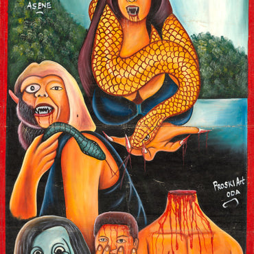 Colorful painted movie poster by Proski Art depicts snake-woman creatures attacking people with blood and fangs. Text reads "From Dusk Till Dawn." Jungle and river setting evokes Deadly Prey horror exhibition vibes. Brand: Deadly Prey.