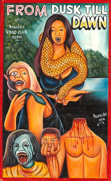 Colorful painted movie poster by Proski Art depicts snake-woman creatures attacking people with blood and fangs. Text reads "From Dusk Till Dawn." Jungle and river setting evokes Deadly Prey horror exhibition vibes. Brand: Deadly Prey.