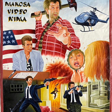 Deadly Prey original oil painting movie poster for Twin Peaks: Fire Walk With Me, showcasing a man with an axe, a screaming woman, agents with guns, action scenes, fire, and an American flag.