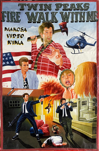 Deadly Prey original oil painting movie poster for Twin Peaks: Fire Walk With Me, showcasing a man with an axe, a screaming woman, agents with guns, action scenes, fire, and an American flag.