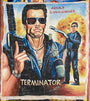 A hand-painted Deadly Prey artwork inspired by Terminator, showing two muscular men in black sunglasses and leather—one close up with a gun, the other in the background. Arnold Schwarzenegger’s name stands out in bold red.