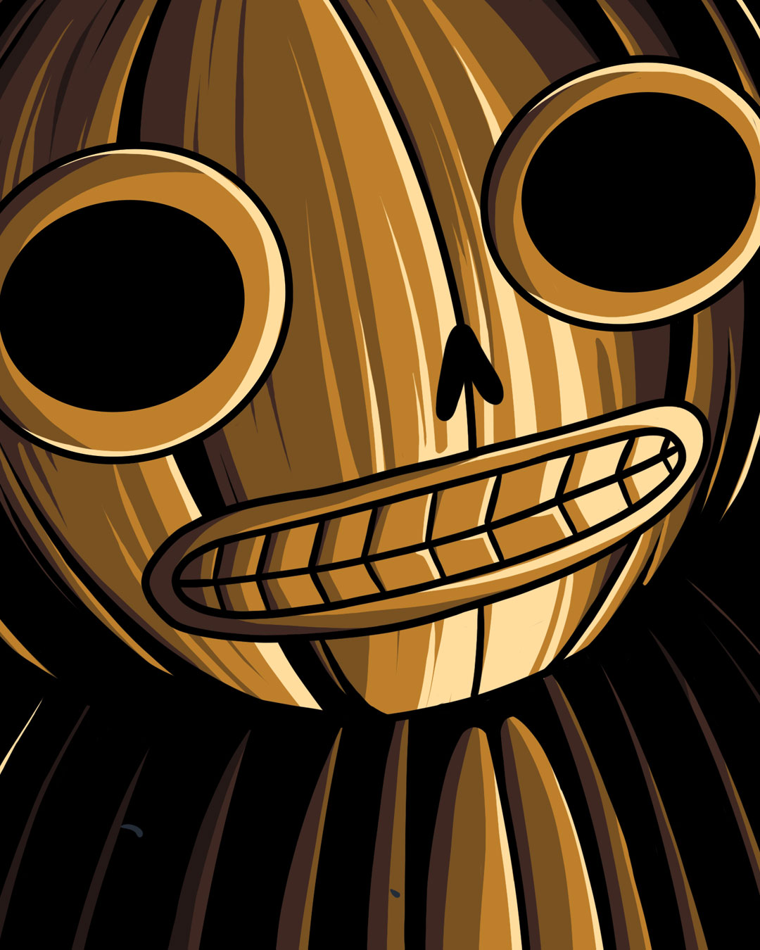 A stylized Jesse Reiners illustration of a jack-o-lantern face featuring large circular eyes, a triangular nose, and a wide, toothy grin on matte poster paper.