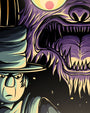 A stern man in a top hat stands before a looming, purple, sharp-toothed monster with a glowing yellow eye in this Jesse Reiners digital print.
