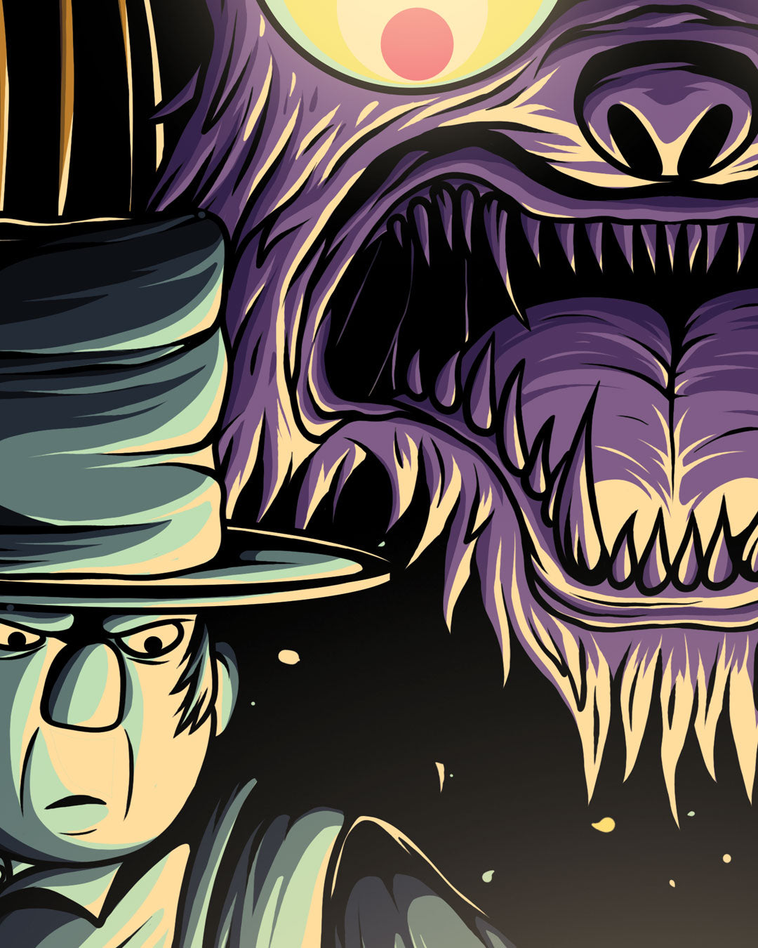 A stern man in a top hat stands before a looming, purple, sharp-toothed monster with a glowing yellow eye in this Jesse Reiners digital print.