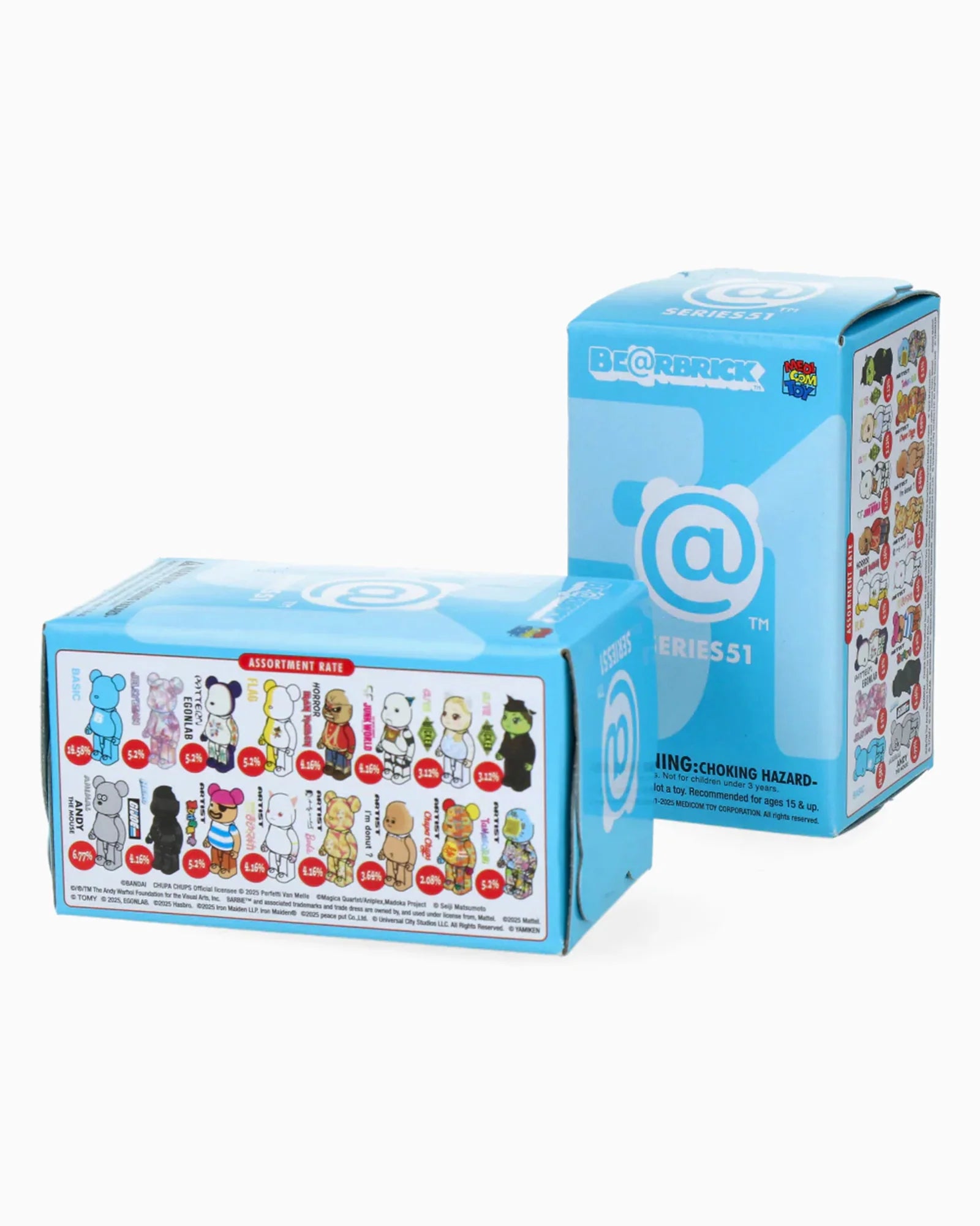 Two blue Be@rbrick Series 51 blind boxes from Medicom are displayed, featuring various collectible bear designs on the packaging, with one box standing upright and the other lying on its side.