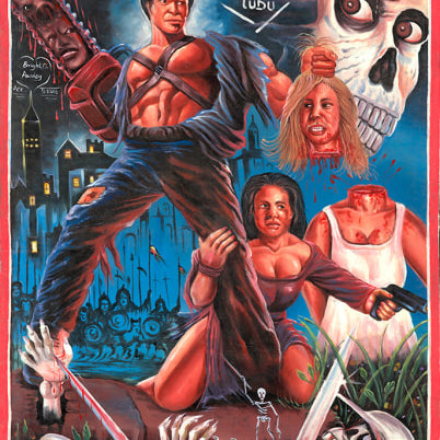 Created an Army of Darkness painting for Deadly Prey, featuring a muscular man with a chainsaw arm and shotgun, a kneeling woman, skeleton warriors, a giant skull, and a spooky castle in the background.