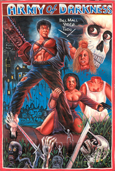 Created an Army of Darkness painting for Deadly Prey, featuring a muscular man with a chainsaw arm and shotgun, a kneeling woman, skeleton warriors, a giant skull, and a spooky castle in the background.