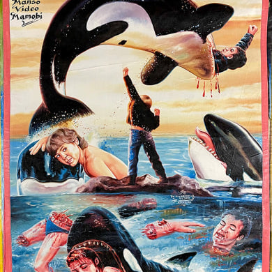 The Deadly Prey brand presents a dramatic illustrated Free Willy-inspired painting, featuring orcas attacking humans in graphic style, with blood and severed heads, while one orca leaps over a triumphant boy.