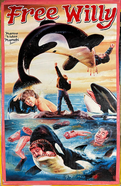 The Deadly Prey brand presents a dramatic illustrated Free Willy-inspired painting, featuring orcas attacking humans in graphic style, with blood and severed heads, while one orca leaps over a triumphant boy.