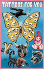 The "Tattoos For You" poster by Heavy J features flash art with bold designs—skull-winged butterfly, smoking crow, clown, cobras, bull, scorpion, wolf, and growling feline—in signature Deadly Prey style. Brand: Deadly Prey.