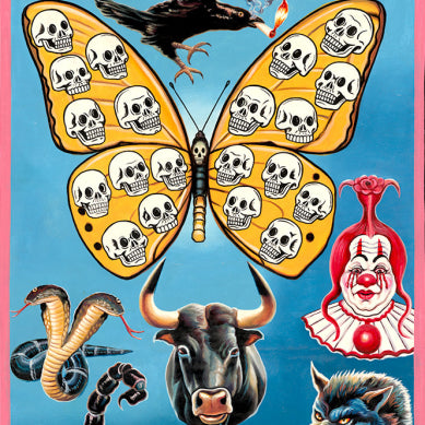 The "Tattoos For You" poster by Heavy J features flash art with bold designs—skull-winged butterfly, smoking crow, clown, cobras, bull, scorpion, wolf, and growling feline—in signature Deadly Prey style. Brand: Deadly Prey.