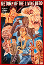 Colorful illustrated movie poster for Return of the Living Dead from Deadly Prey shows terrified people with weapons surrounded by grotesque zombies and ghoulish faces on a red background, featuring the Peace Video Club logo.