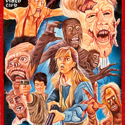 Colorful illustrated movie poster for Return of the Living Dead from Deadly Prey shows terrified people with weapons surrounded by grotesque zombies and ghoulish faces on a red background, featuring the Peace Video Club logo.