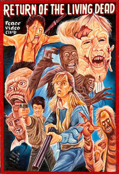 Colorful illustrated movie poster for Return of the Living Dead from Deadly Prey shows terrified people with weapons surrounded by grotesque zombies and ghoulish faces on a red background, featuring the Peace Video Club logo.