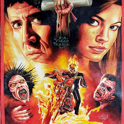 Deadly Prey hand-painted movie poster for Ghost Rider by Heavy J, showcasing Nicolas Cage, Eva Mendes, a flaming skull biker on a motorcycle, and demonic faces in bold, dramatic colors and text.