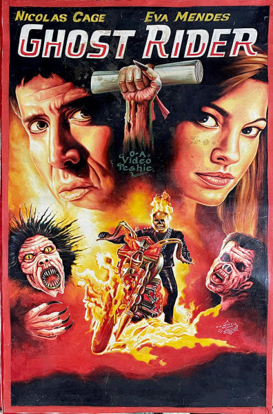 Deadly Prey hand-painted movie poster for Ghost Rider by Heavy J, showcasing Nicolas Cage, Eva Mendes, a flaming skull biker on a motorcycle, and demonic faces in bold, dramatic colors and text.
